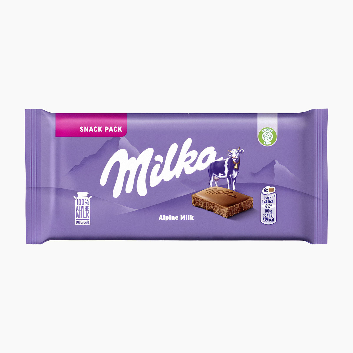 Milka Alpine Milk chocolate bar snack pack on a light gray background.