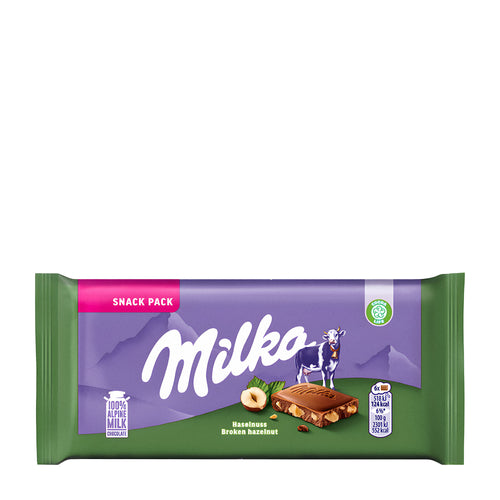 Milka Broken Hazelnut chocolate snack pack on a white background