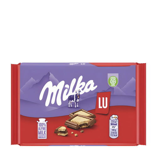 Milka LU chocolate bar packaging with purple and red design