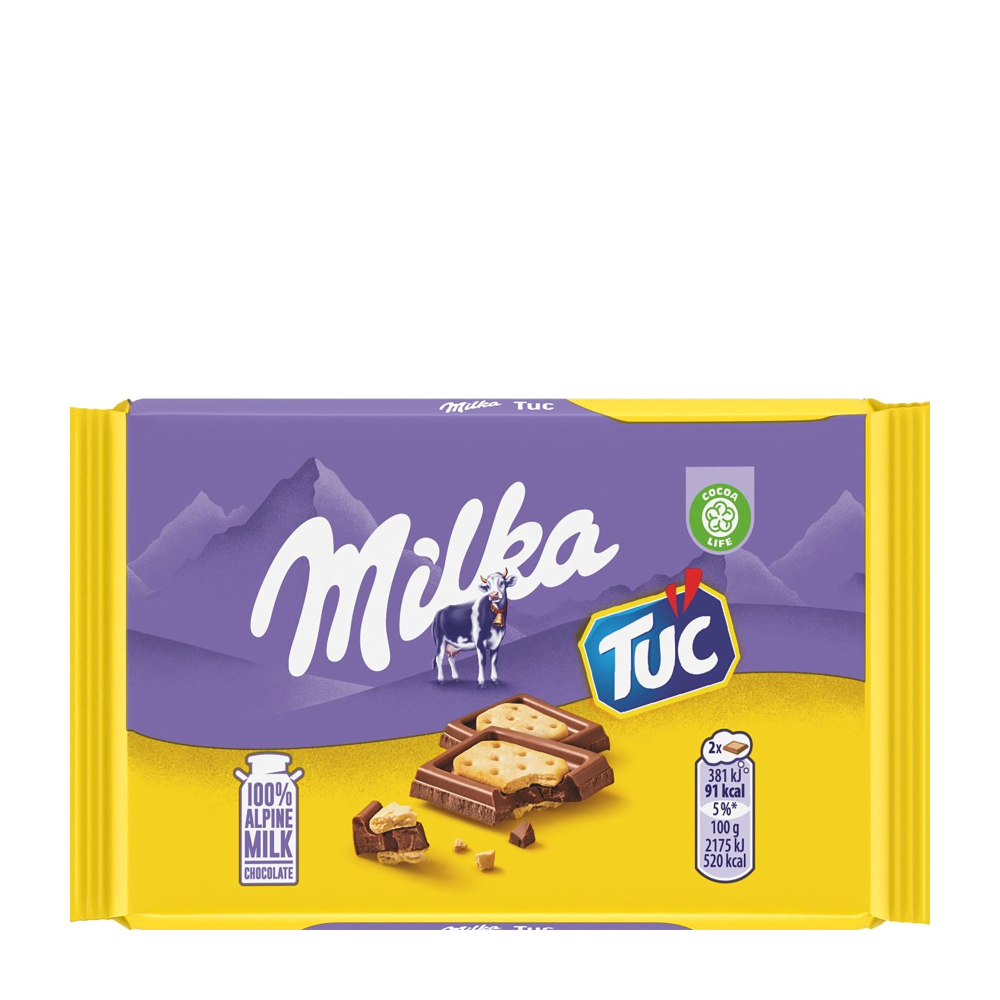 Milka Tuc chocolate bar packaging with purple and yellow design