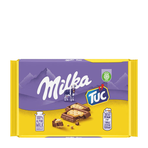 Milka Tuc chocolate bar packaging with purple and yellow design