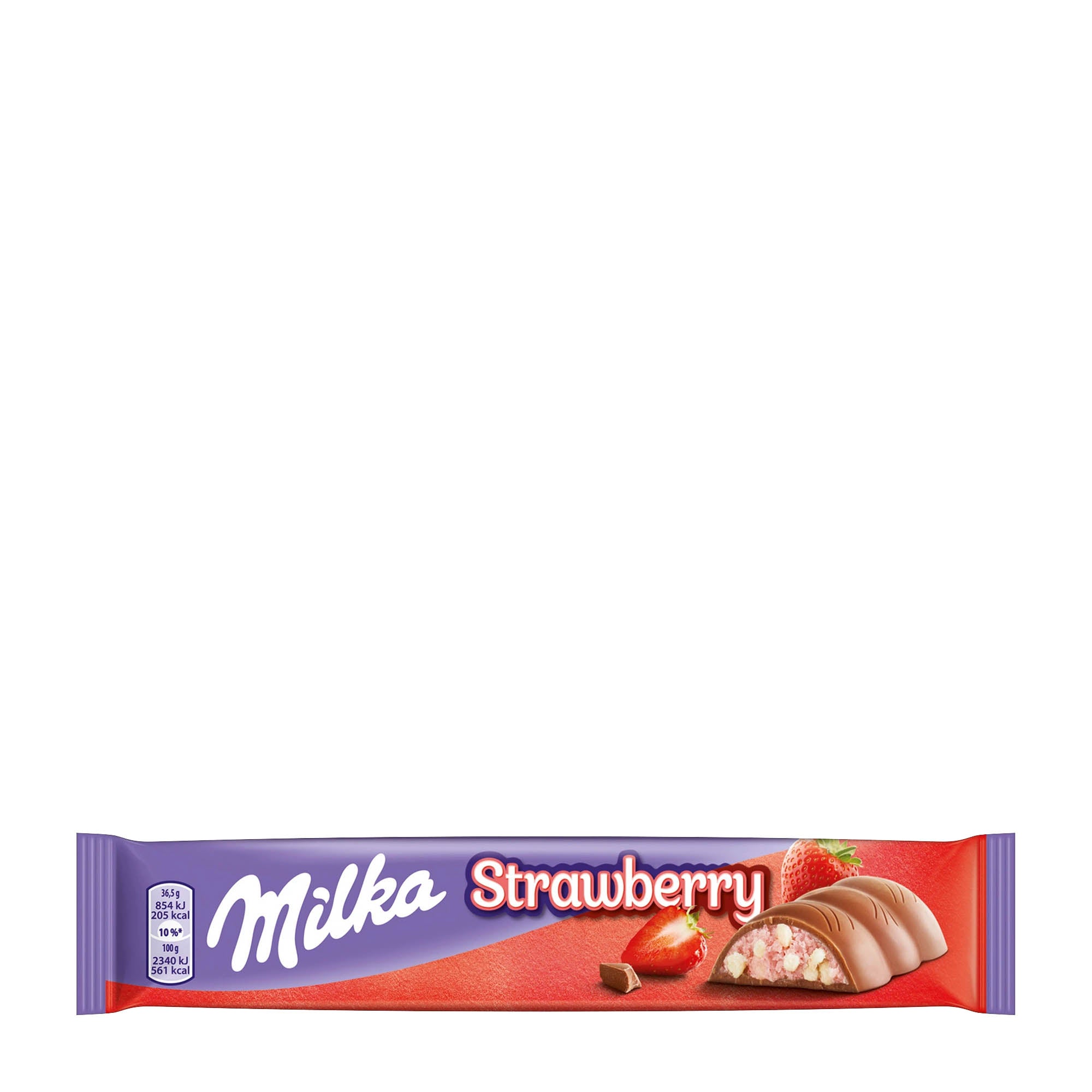 Packaging of Milka Strawberry milk chocolate bar, 36.5 g, displaying the bar and strawberry pieces on the front.