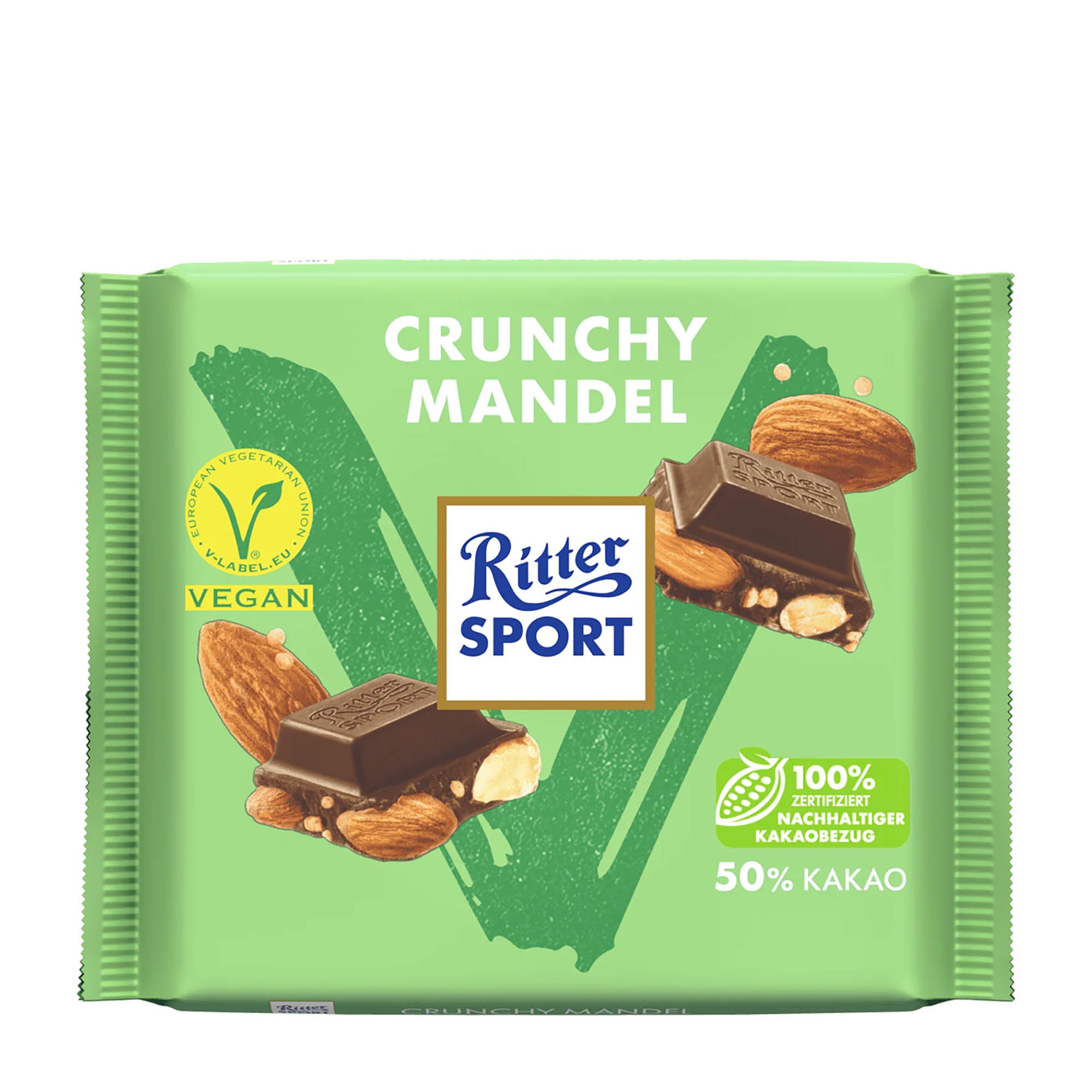 A Ritter Sport vegan crunchy almond chocolate bar, 100g, with the packaging displaying the product name and images of the chocolate bar with almond pieces.