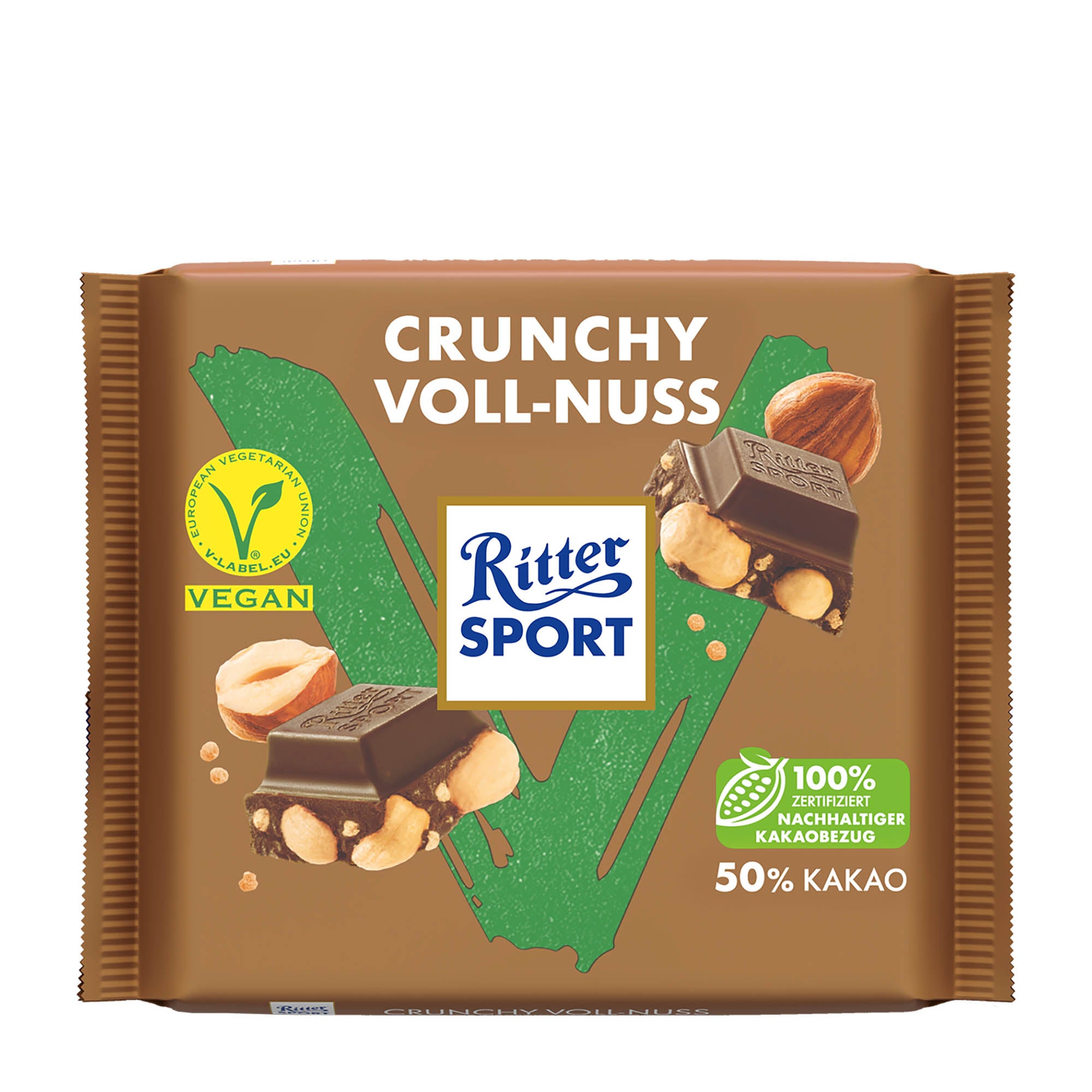 Packaging of Ritter Sport Crunchy Whole Hazelnut Vegan Chocolate Bar, displaying the product name, images of the chocolate bar and hazelnuts, and vegan certification logos.