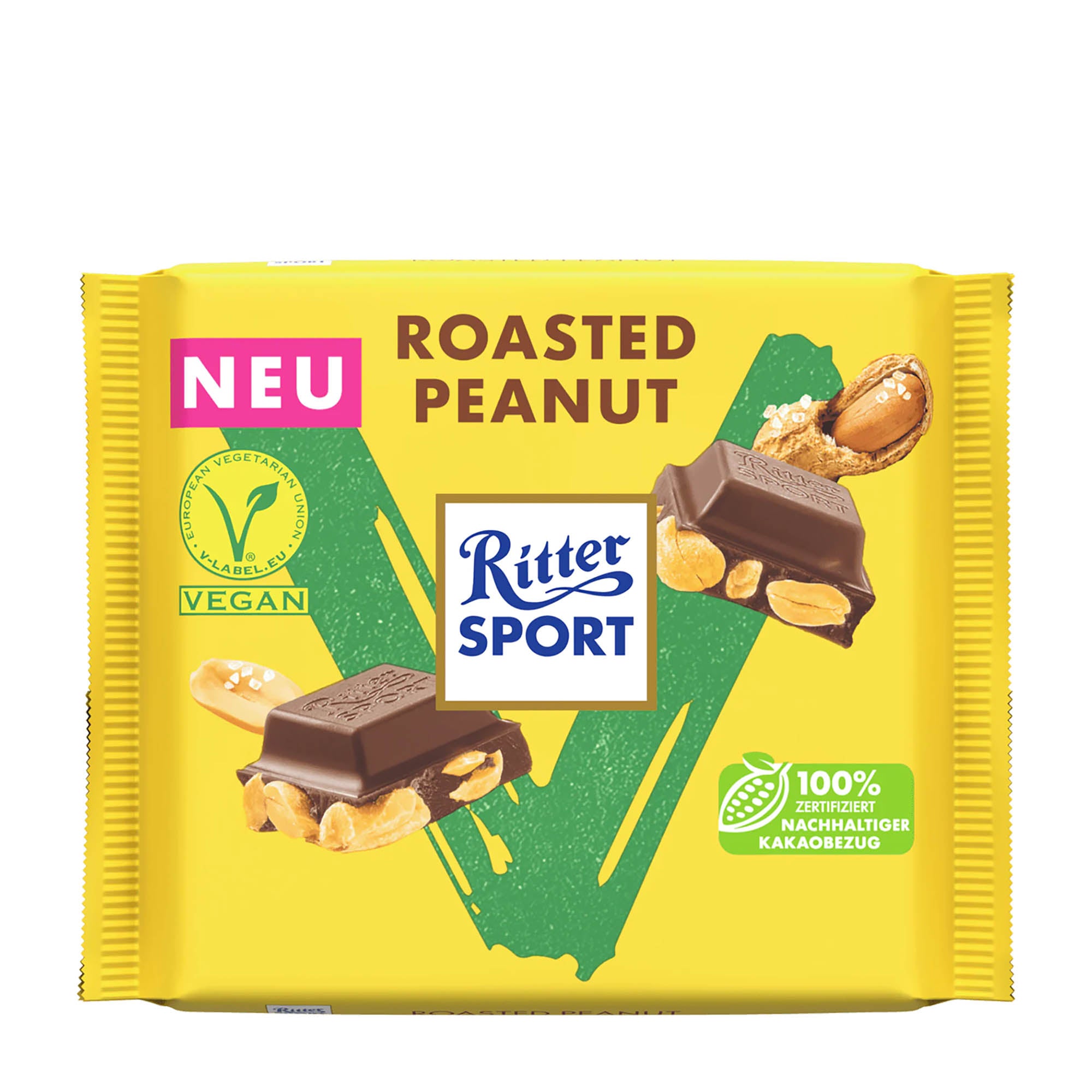 A Ritter Sport vegan chocolate bar with roasted peanut pieces, marked as vegan and indicating 100% cocoa on the packaging.