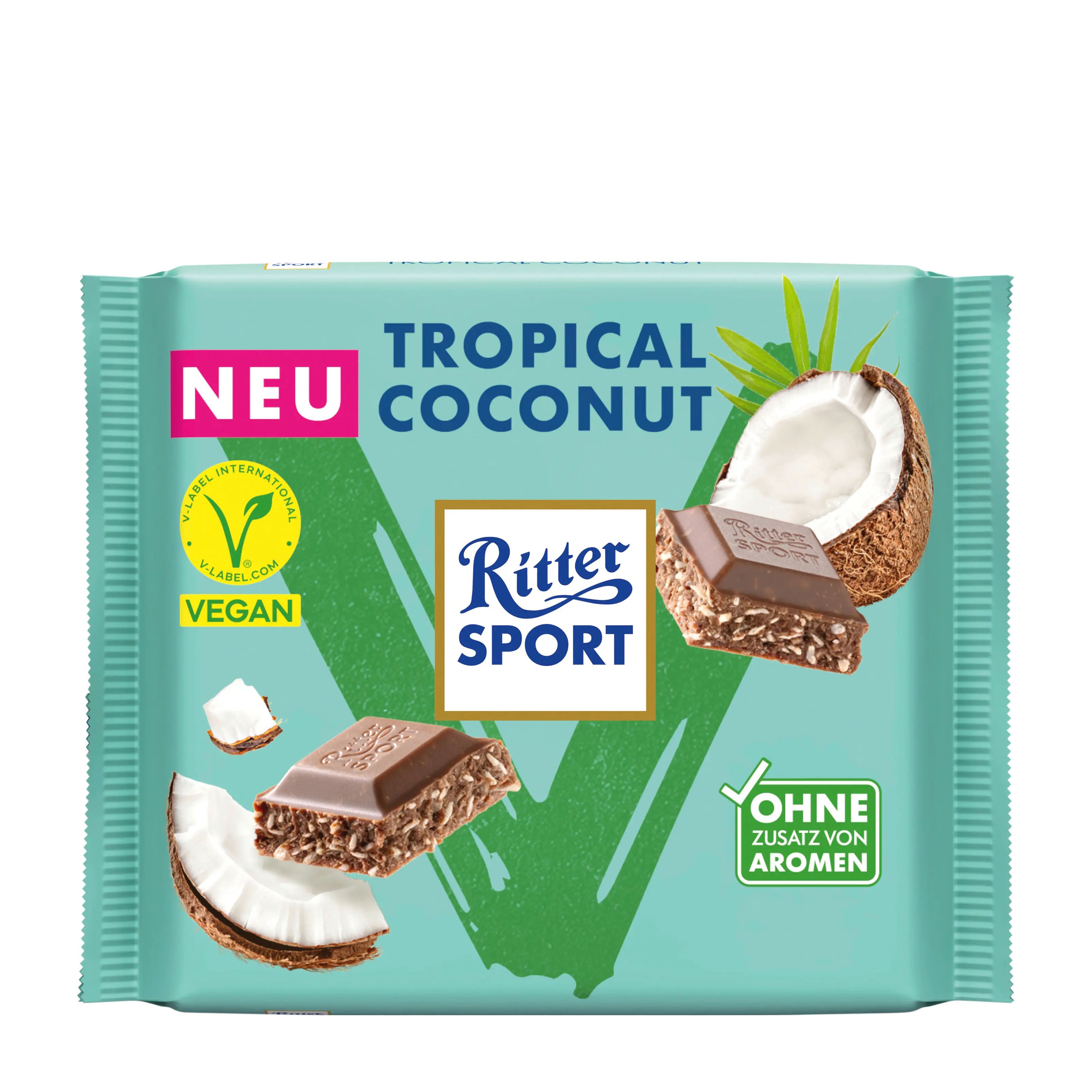 Ritter Sport Tropical Coconut Vegan Chocolate Bar packaging on a white background.