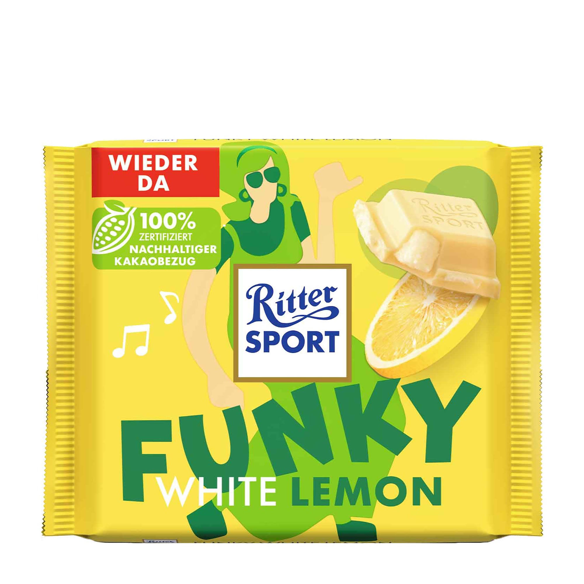 Ritter Sport Funky White Lemon packaging on a white background.