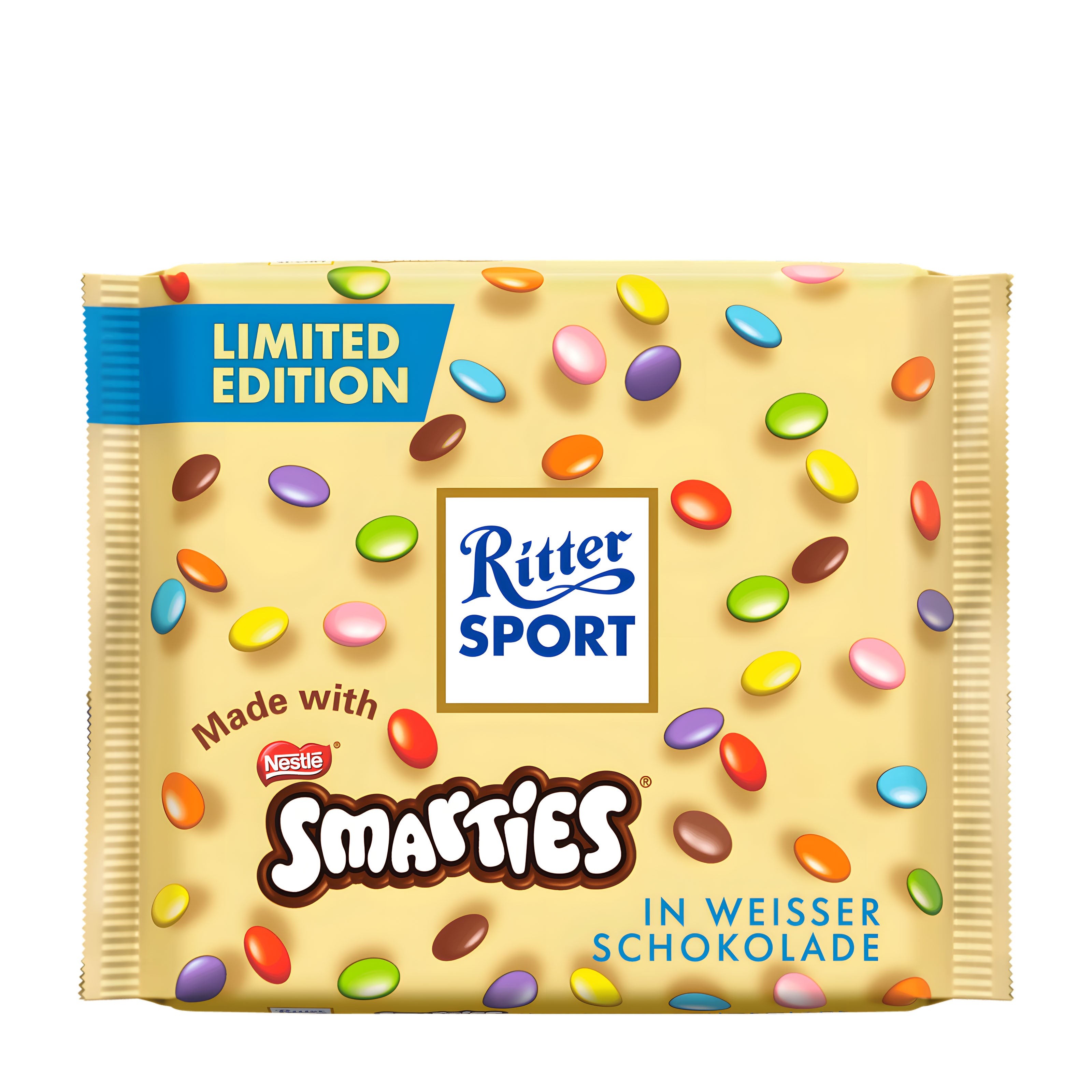 Ritter Sport white chocolate bar packaging with Smarties on a white background