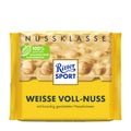 Packaging of Ritter Sport Nut Class Whole Hazelnut white chocolate bar, 100g, displaying the product and its name in German 'Nussklasse' with visible whole hazelnuts and the Ritter Sport logo.