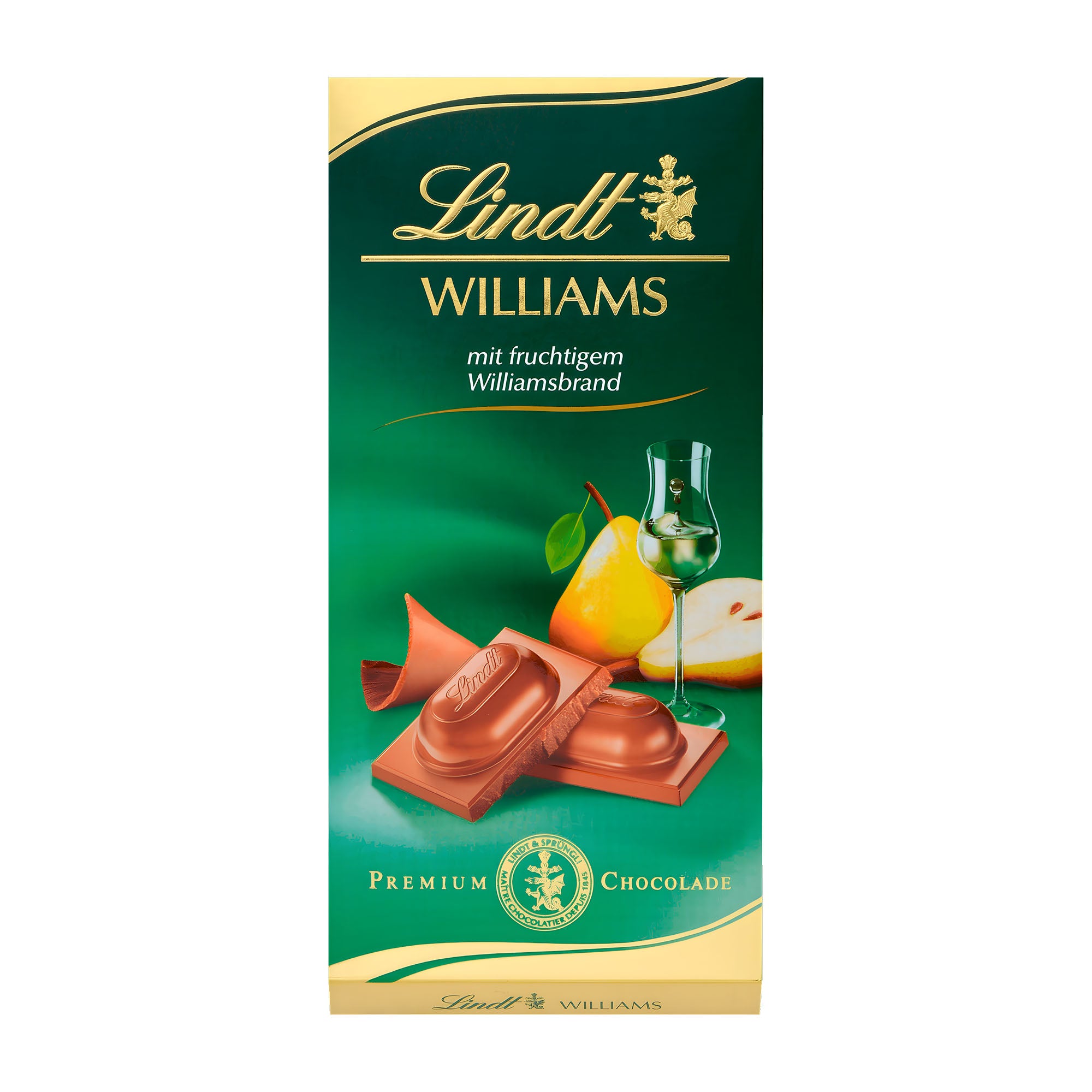 Packaging of Lindt Premium Williams Milk Chocolate Bar showing the bar and Williams pear brandy bottle with the text 'Premium Chocolate' on it.