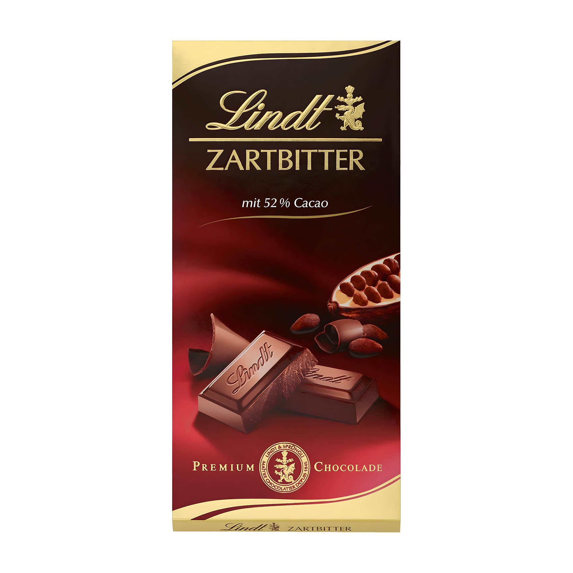 Packaging of Lindt Premium 52% dark chocolate bar, showing the bar and the brand's logo.