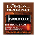 L'Oreal Paris Men Expert Barber Club 3-in-1 beard balm packaging with product information and cedarwood essential oil mention.