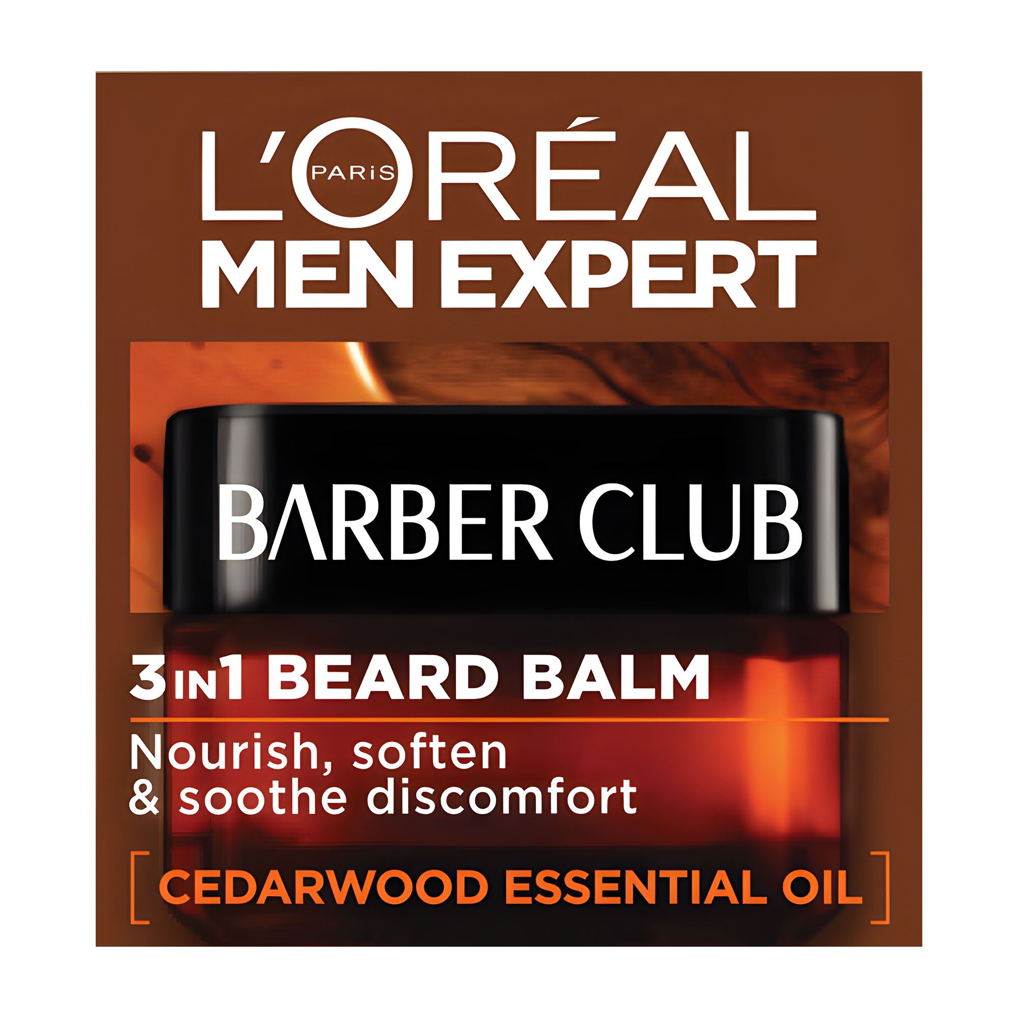 L'Oreal Paris Men Expert Barber Club 3-in-1 beard balm packaging with product information and cedarwood essential oil mention.