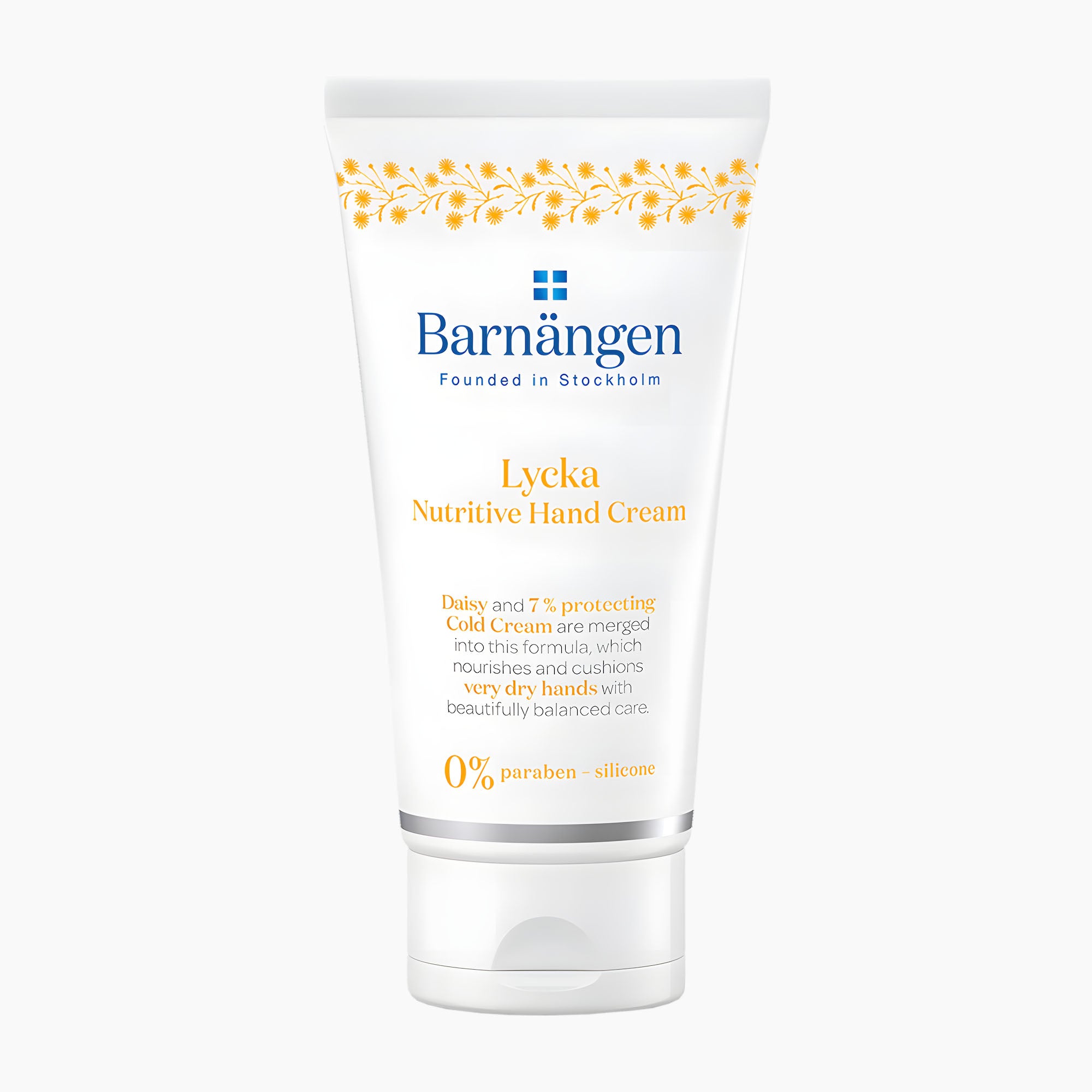 A white squeeze tube of Barnangen Lycka Nutritive Hand Cream with blue and yellow text and yellow floral accents, set against a plain white background.