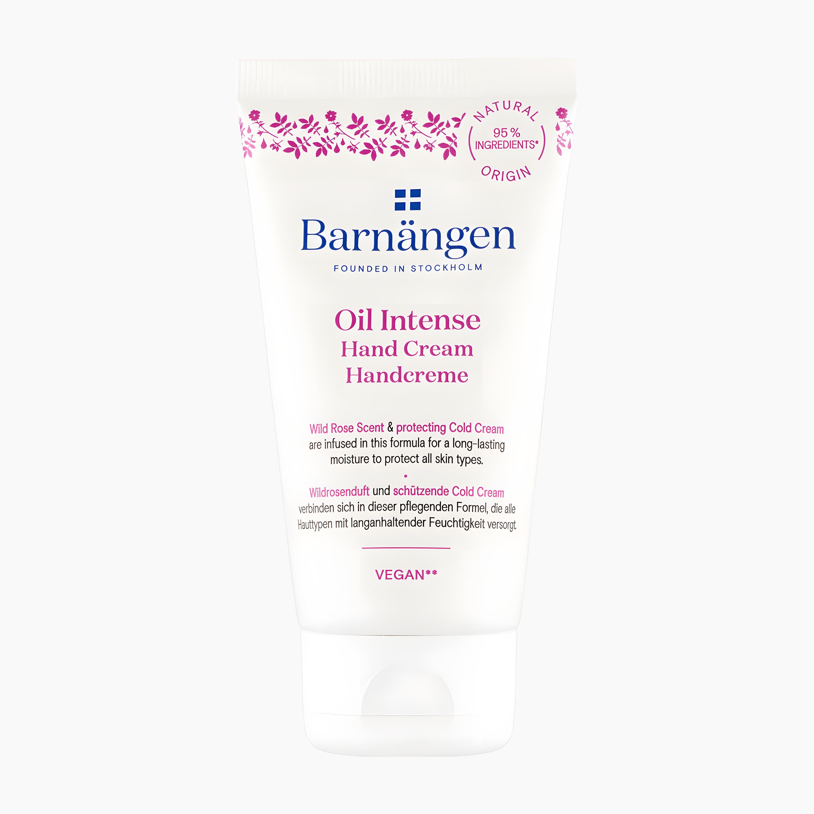 A white squeeze tube of Barnangen Oil Intense Hand Cream with pink and blue text and floral accents, centered on a plain white background.