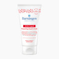 A white squeeze tube of Barnangen SOS Vard Repairing Hand Cream with blue and red text and decorative floral elements, set against a plain light gray background.