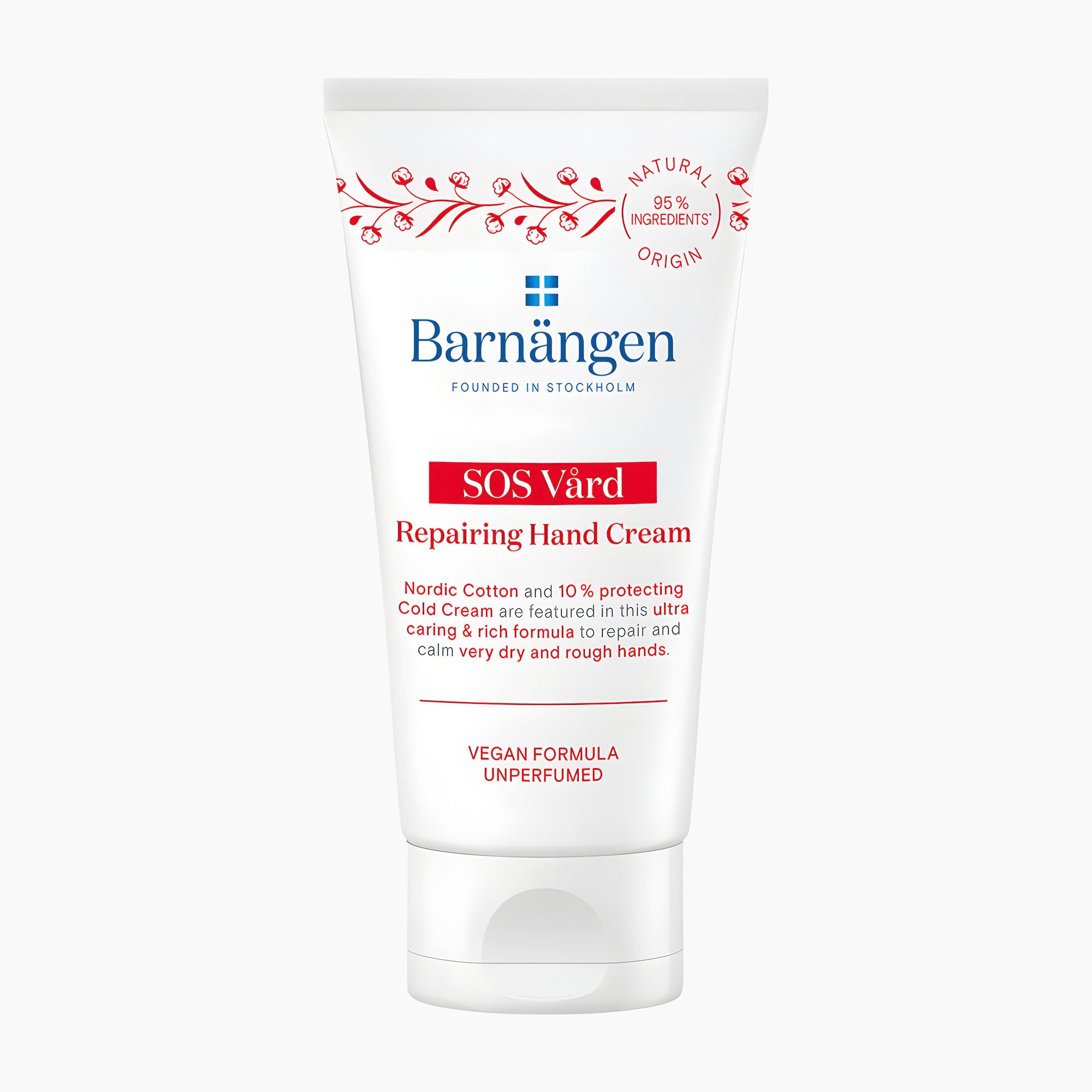 A white squeeze tube of Barnangen SOS Vard Repairing Hand Cream with blue and red text and decorative floral elements, set against a plain light gray background.