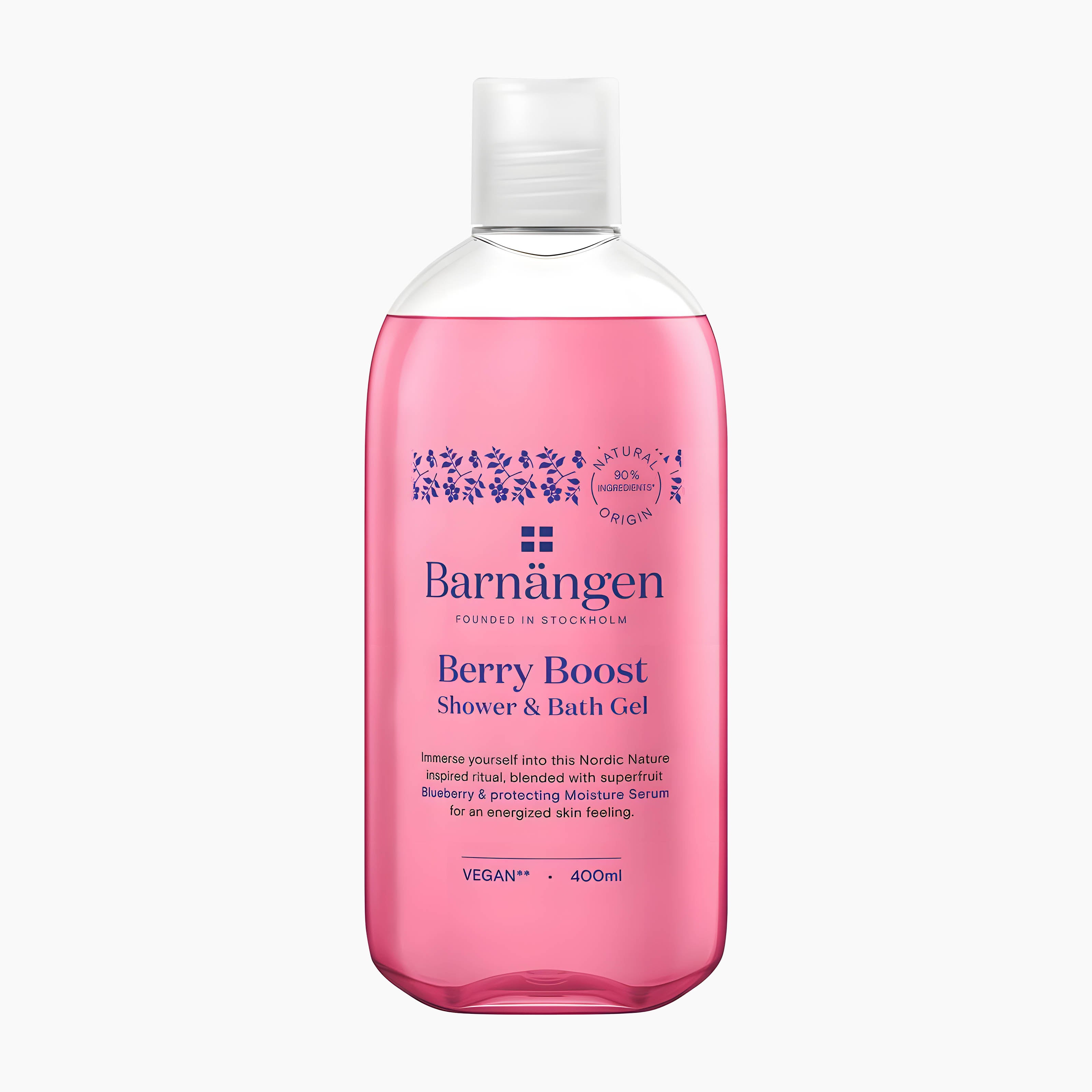 A 400ml bottle of Barnangen Berry Boost Shower & Bath Gel, featuring a translucent pink liquid and a clear cap, set against a plain white background.