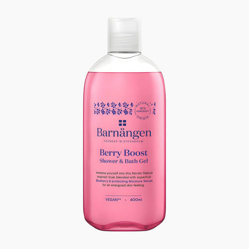 A 400ml bottle of Barnangen Berry Boost Shower & Bath Gel, featuring a translucent pink liquid and a clear cap, set against a plain white background.