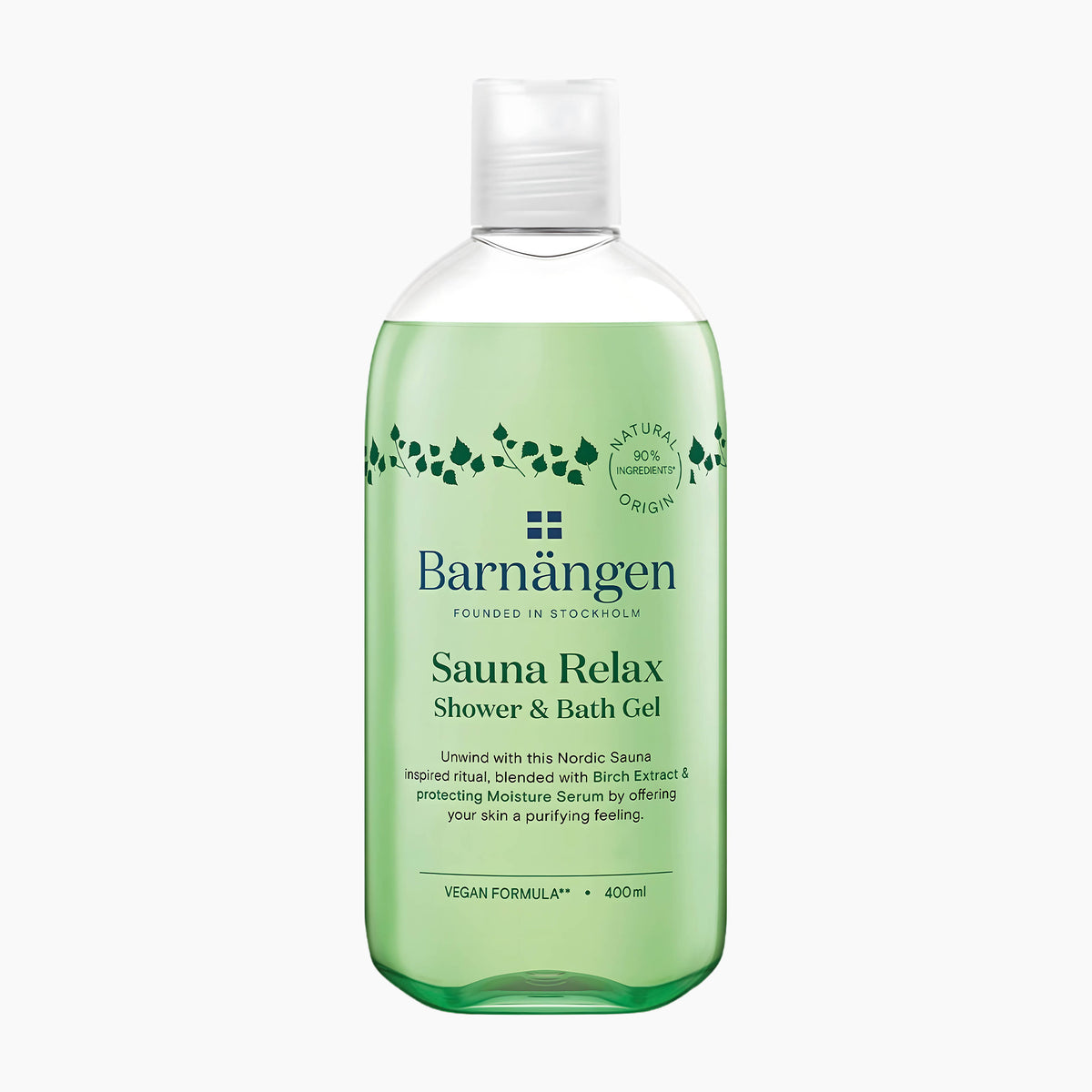 A 400ml clear plastic bottle of Barnangen Sauna Relax Shower & Bath Gel, filled with a light green liquid, featuring a white flip-top cap on a clean white background.