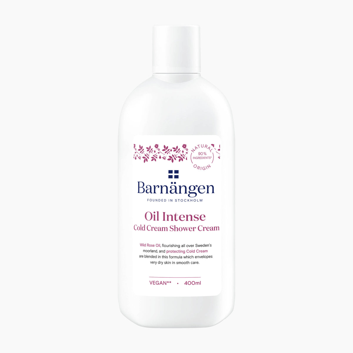 A 400ml white plastic bottle of Barnangen Oil Intense Cold Cream Shower Cream, featuring a white label with pink and blue text and floral accents, set against a plain white background.