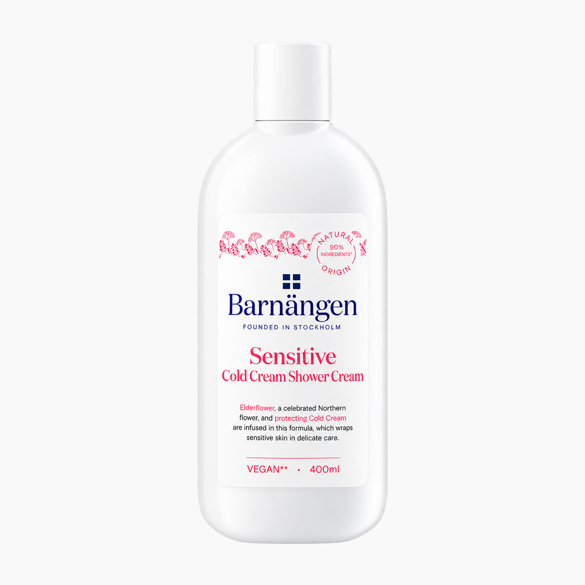 A 400ml white plastic bottle of Barnangen Sensitive Cold Cream Shower Cream, featuring a white label with blue and pink text and graphics, set against a plain light gray background.