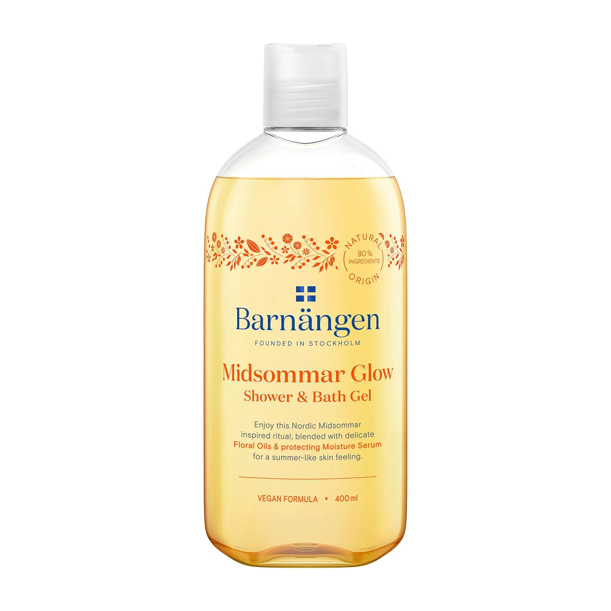 A clear plastic bottle containing Barnängen Midsommar Glow shower & bath gel, with floral oils and a protective moisture serum.
