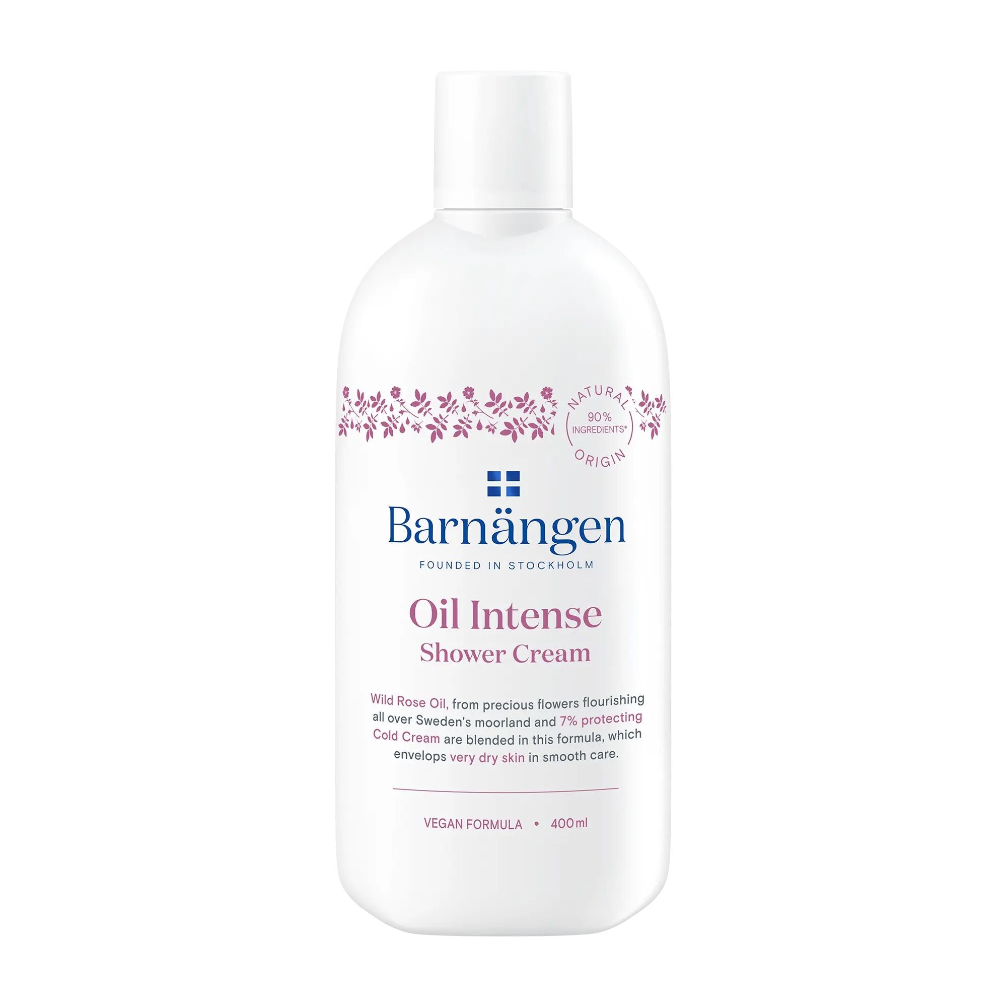 Barnängen Oil Intense Shower Cream in a white pump bottle with floral design and the brand's logo.