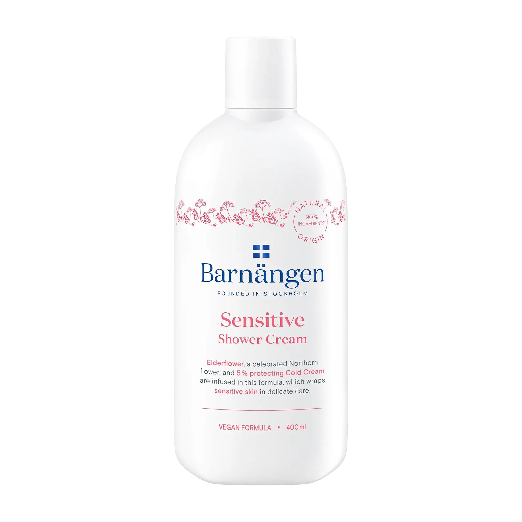 A bottle of Barnängen Sensitive Shower Cream with floral design in the background and text indicating the product is enriched with Northern flowers and 5% protective Cold Cream.