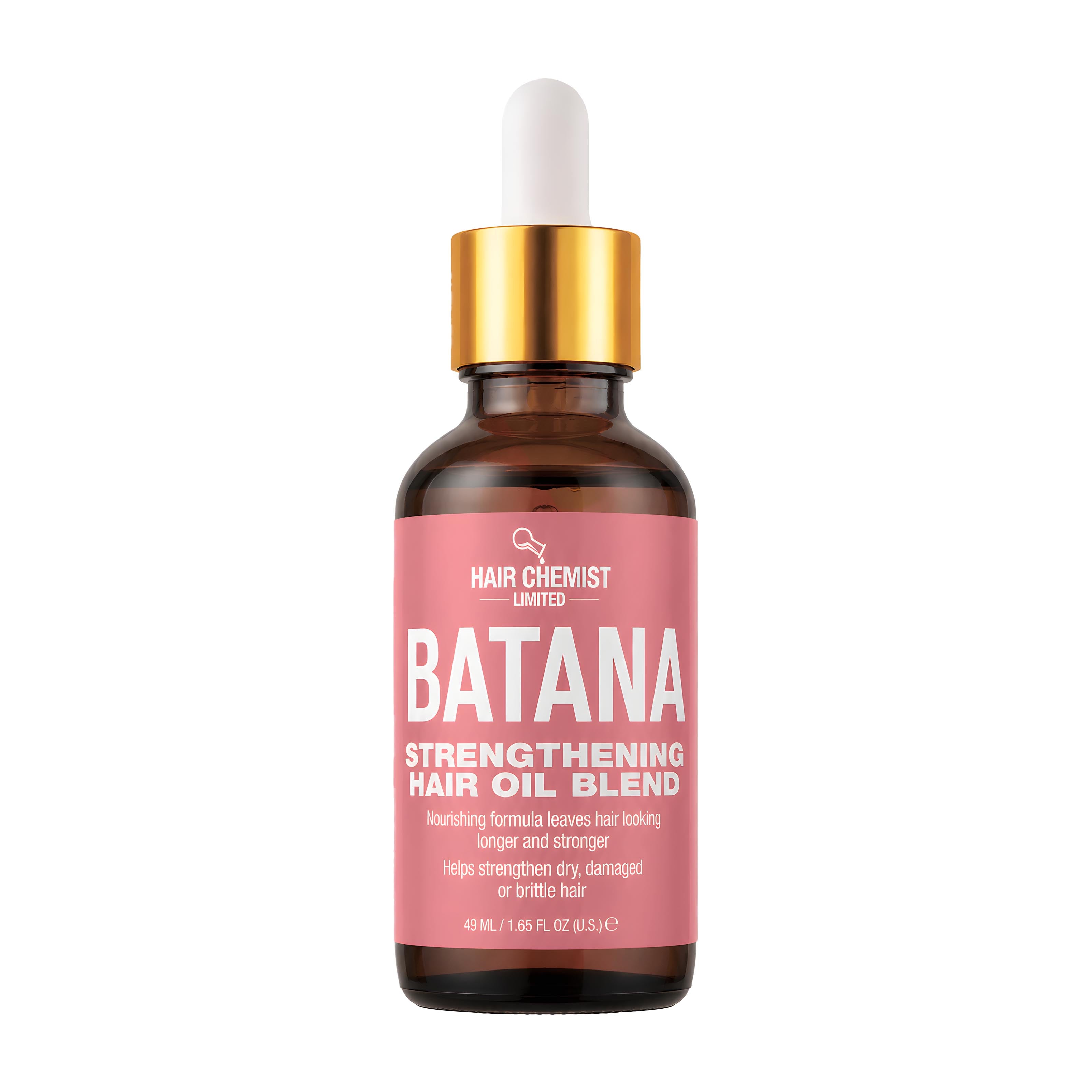 Hair Chemist Batana Strengthening Hair Oil Blend bottle with dropper on a white background