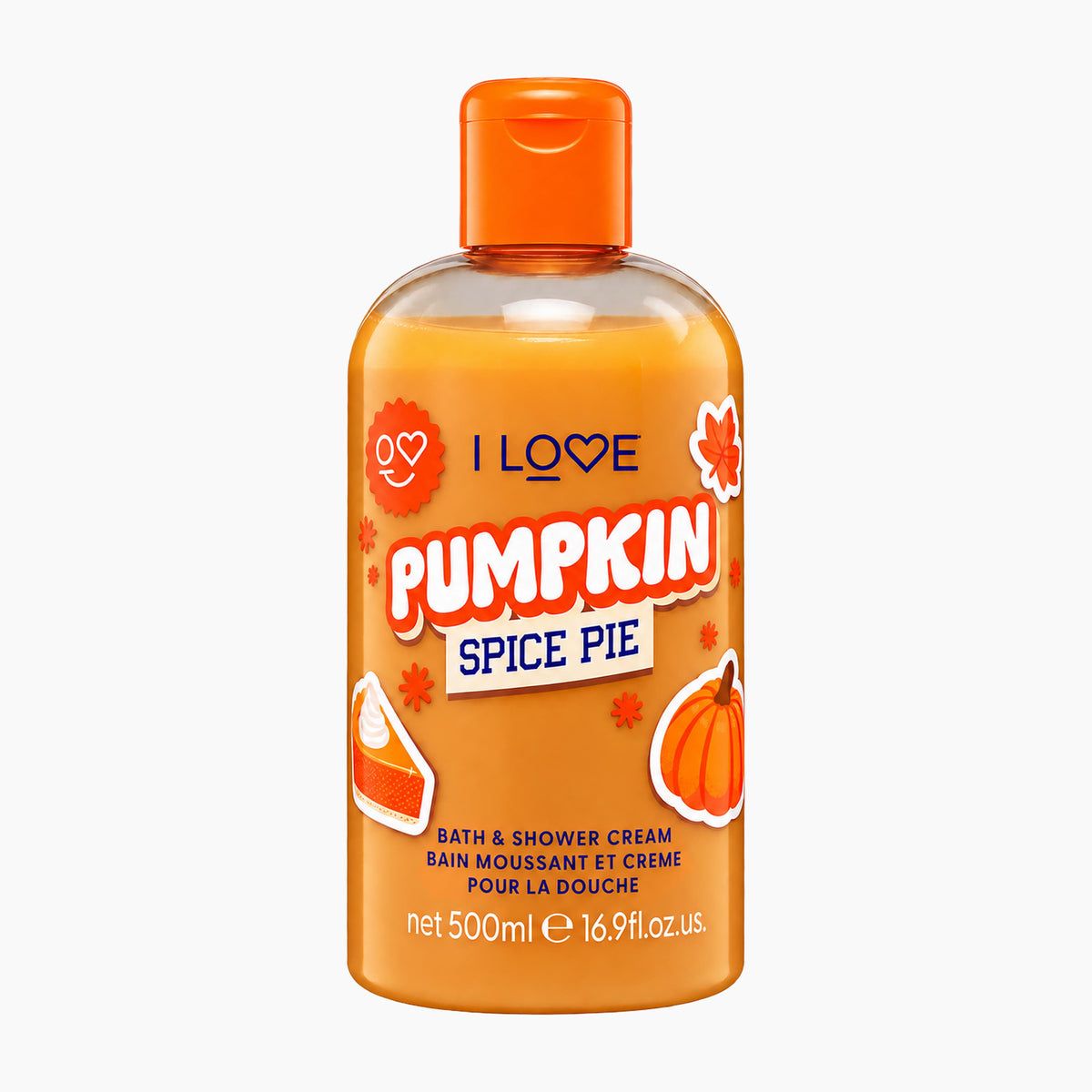 A 500ml bottle of I Love Pumpkin Spice Pie bath and shower cream. The product is in a clear plastic bottle showing the orange-colored liquid inside, topped with a bright orange cap.
