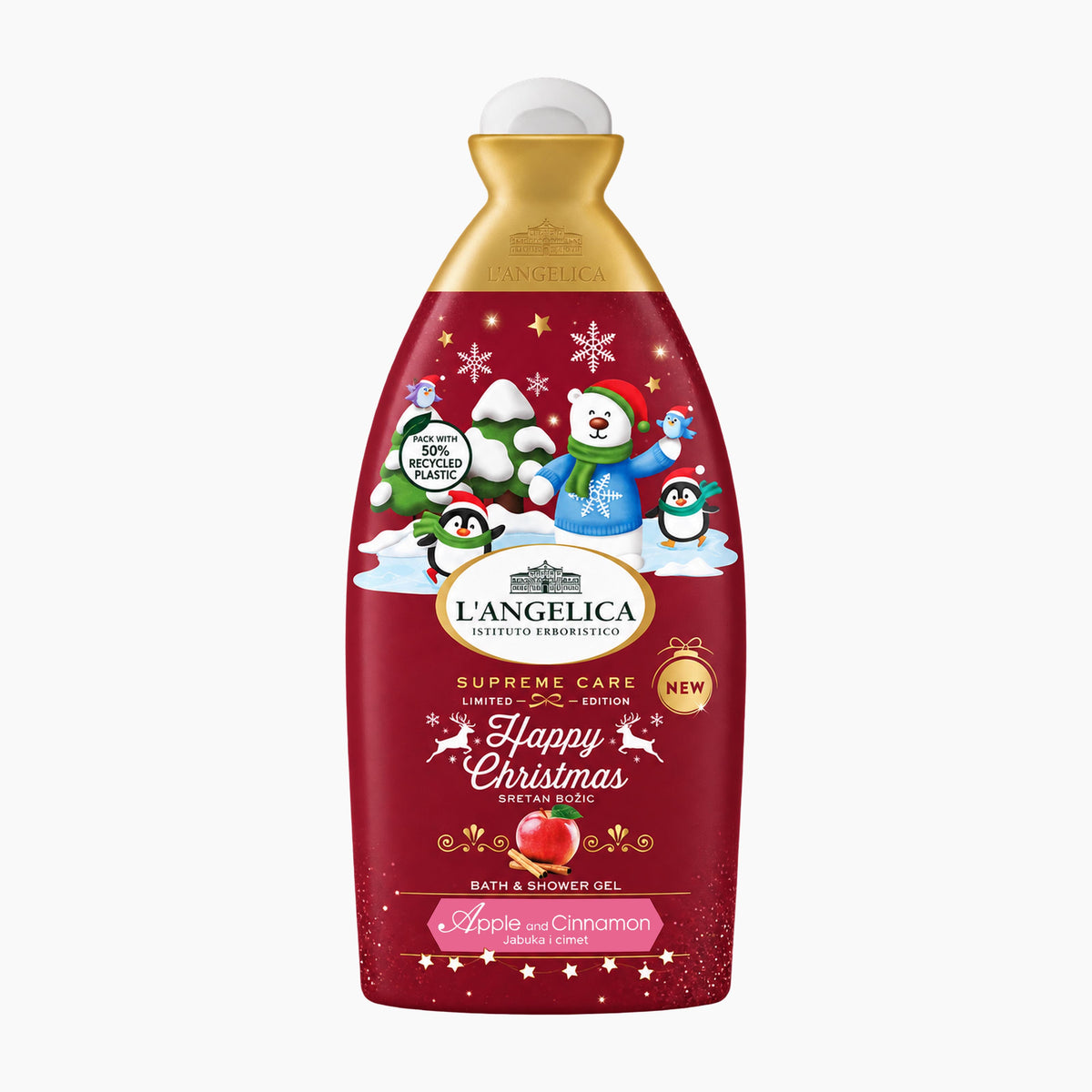 L'Angelica Supreme Care Limited Edition Happy Christmas Apple & Cinnamon Bath & Shower Gel bottle, featuring a festive red label with cartoon penguins, a polar bear, and snowflakes, topped with a gold neck collar and white cap.