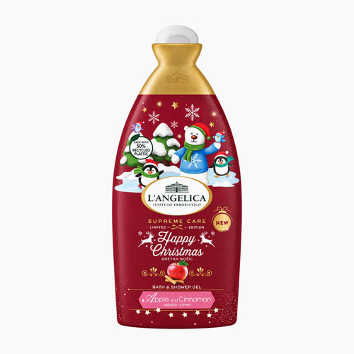 L'Angelica Supreme Care Limited Edition Happy Christmas Apple & Cinnamon Bath & Shower Gel bottle, featuring a festive red label with cartoon penguins, a polar bear, and snowflakes, topped with a gold neck collar and white cap.