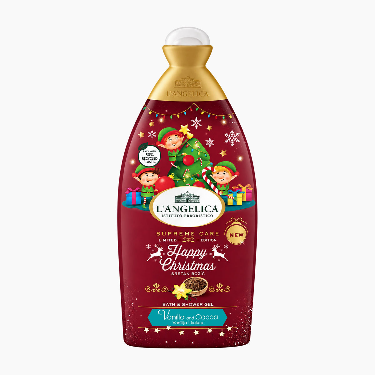 L'Angelica Supreme Care Happy Christmas Vanilla with Cocoa bath and shower gel in a 500 ml bottle, featuring a festive red and gold holiday design with elf illustrations.