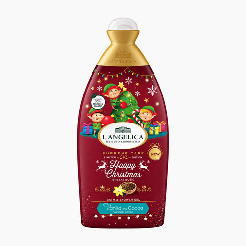 L'Angelica Supreme Care Happy Christmas Vanilla with Cocoa bath and shower gel in a 500 ml bottle, featuring a festive red and gold holiday design with elf illustrations.