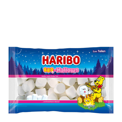 Haribo BBQ-Mallows packaging with cartoon characters on a blue background