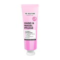 A pink tube of BE ROUTINE hand and nail care cream with text indicating it's for moisturizing hands and nails with shea butter and almond oil, and that it's vegan.