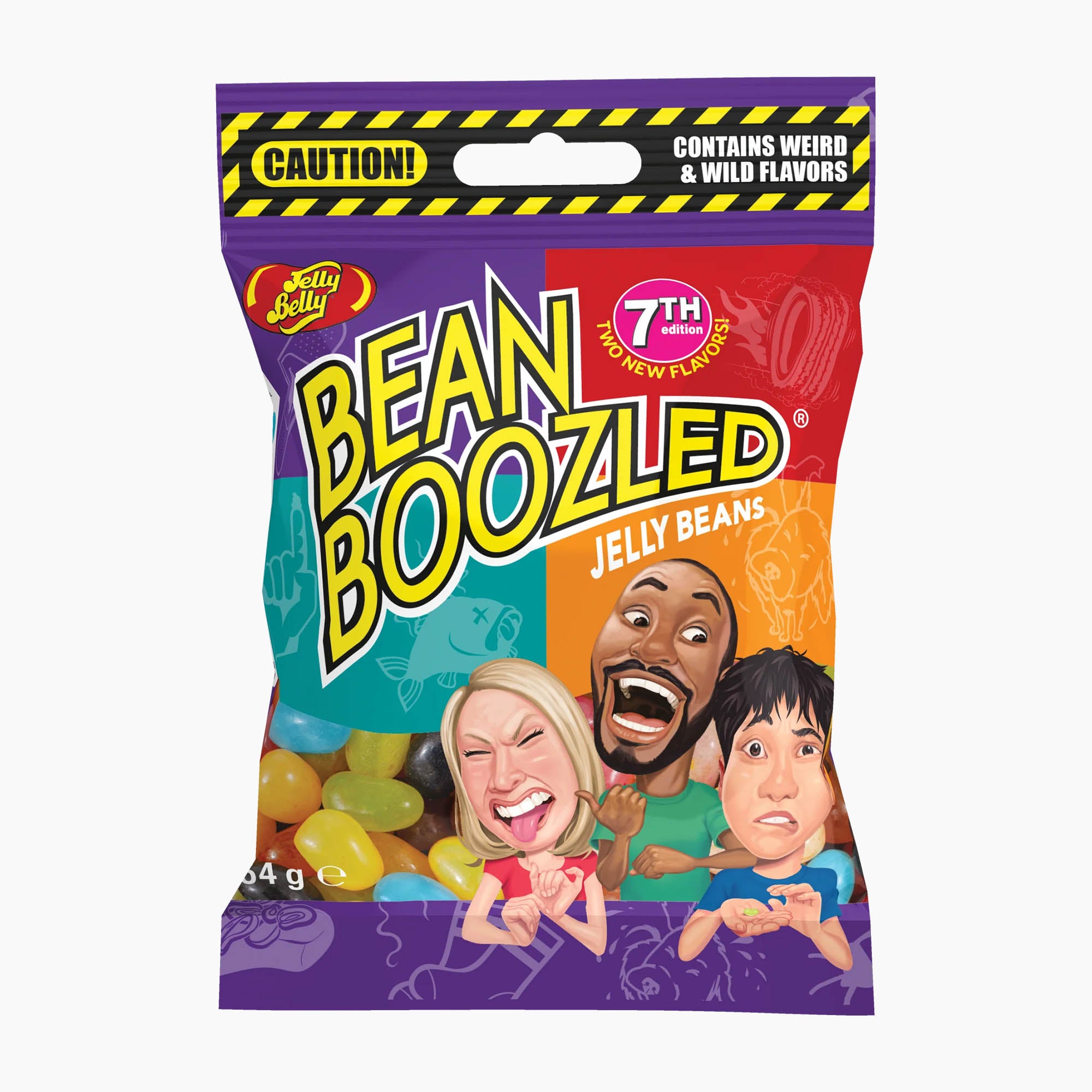 A bag of Jelly Belly Bean Boozled 7th Edition Jelly Beans on a plain white background. The packaging features a vibrant, multi-colored design with cartoon caricatures of three people and a yellow-and-black caution header.