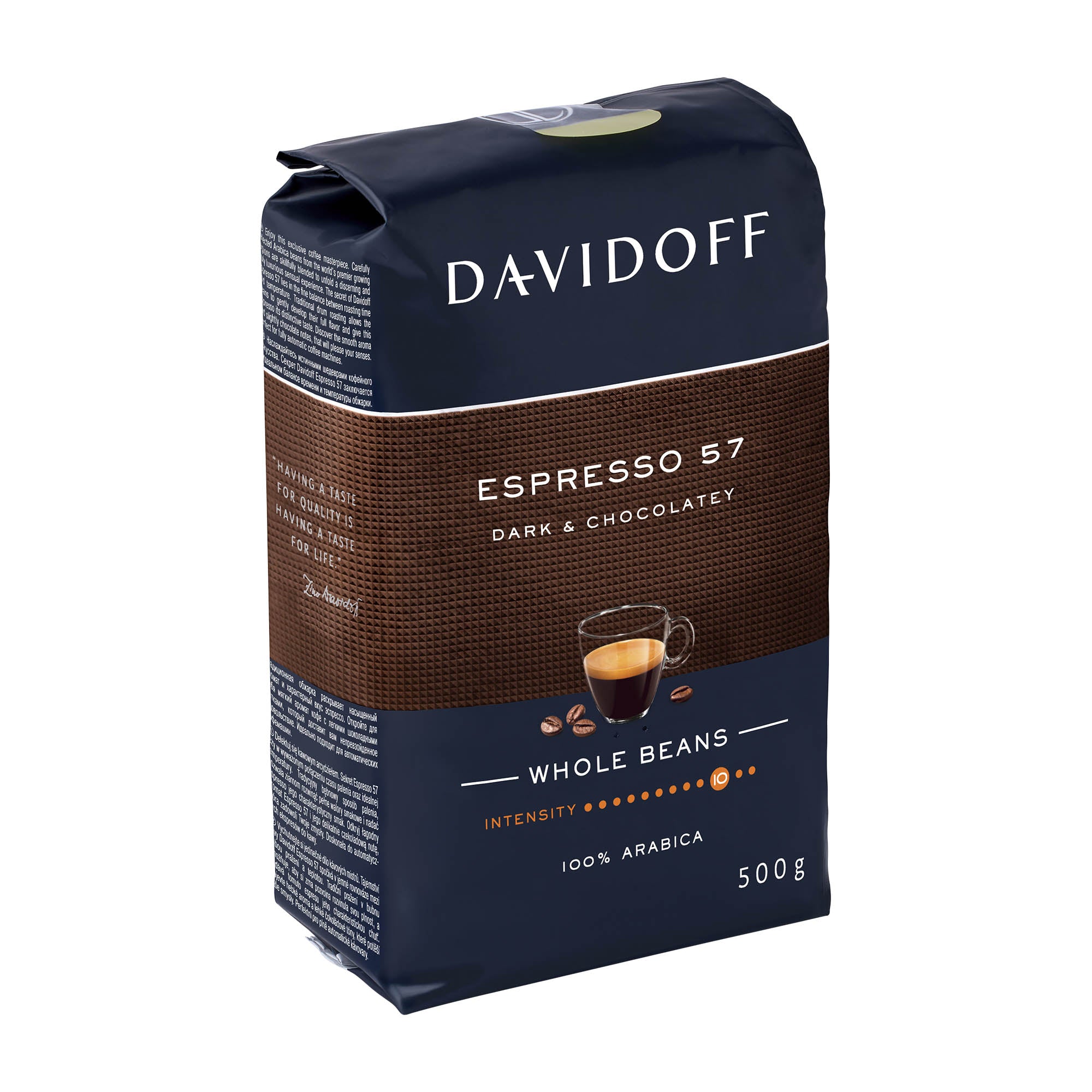 A package of Davidoff Espresso 57 coffee beans, 500g, with the label indicating 'Whole Beans', and '100% Arabica'. The package is predominantly dark with an image of a cup of espresso and coffee beans.