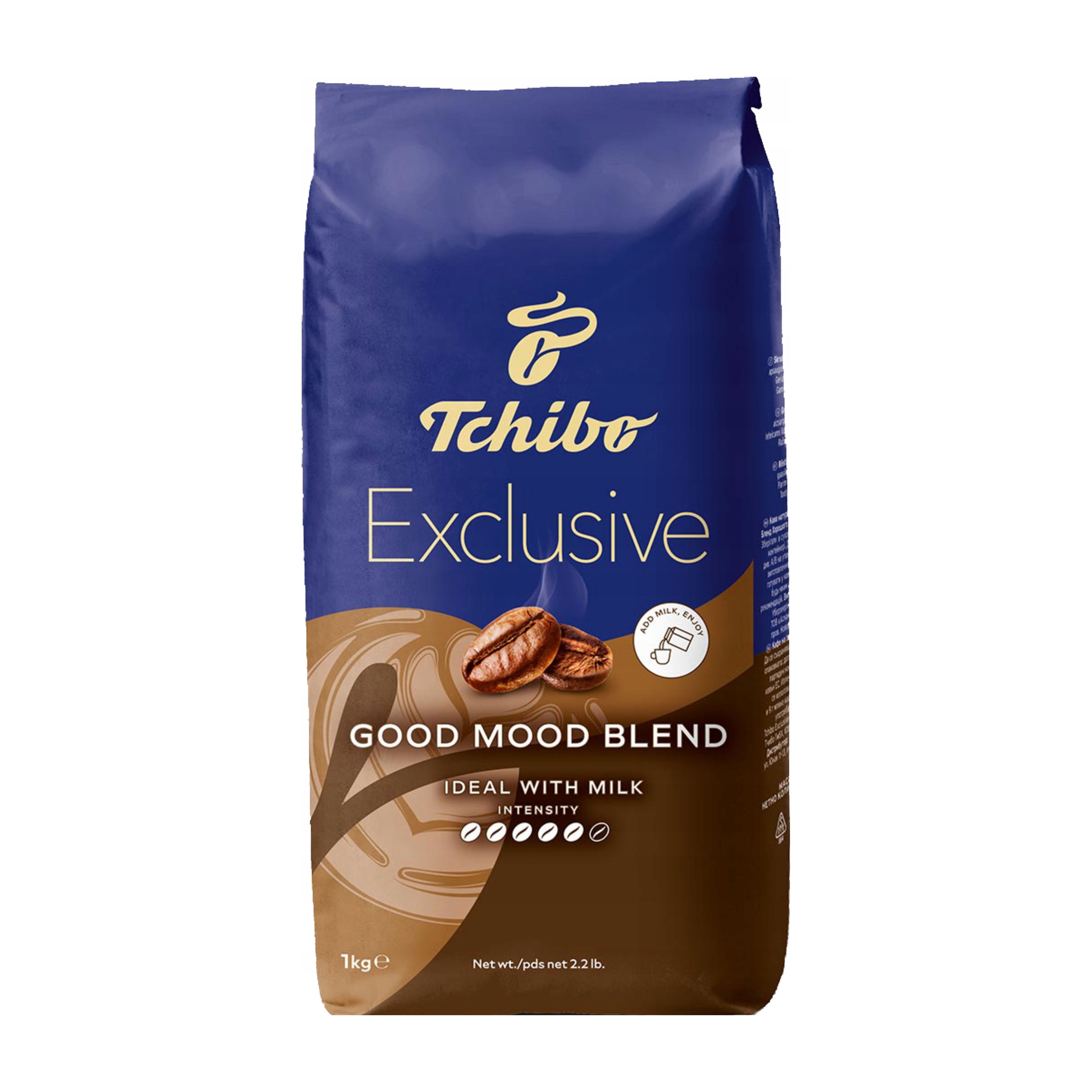 Blue and brown packaging of Tchibo Exclusive Good Mood Blend coffee beans on a white background