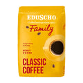 Yellow bag of Eduscho Family Coffee Beans 500 grams and coffee graphics on a white background