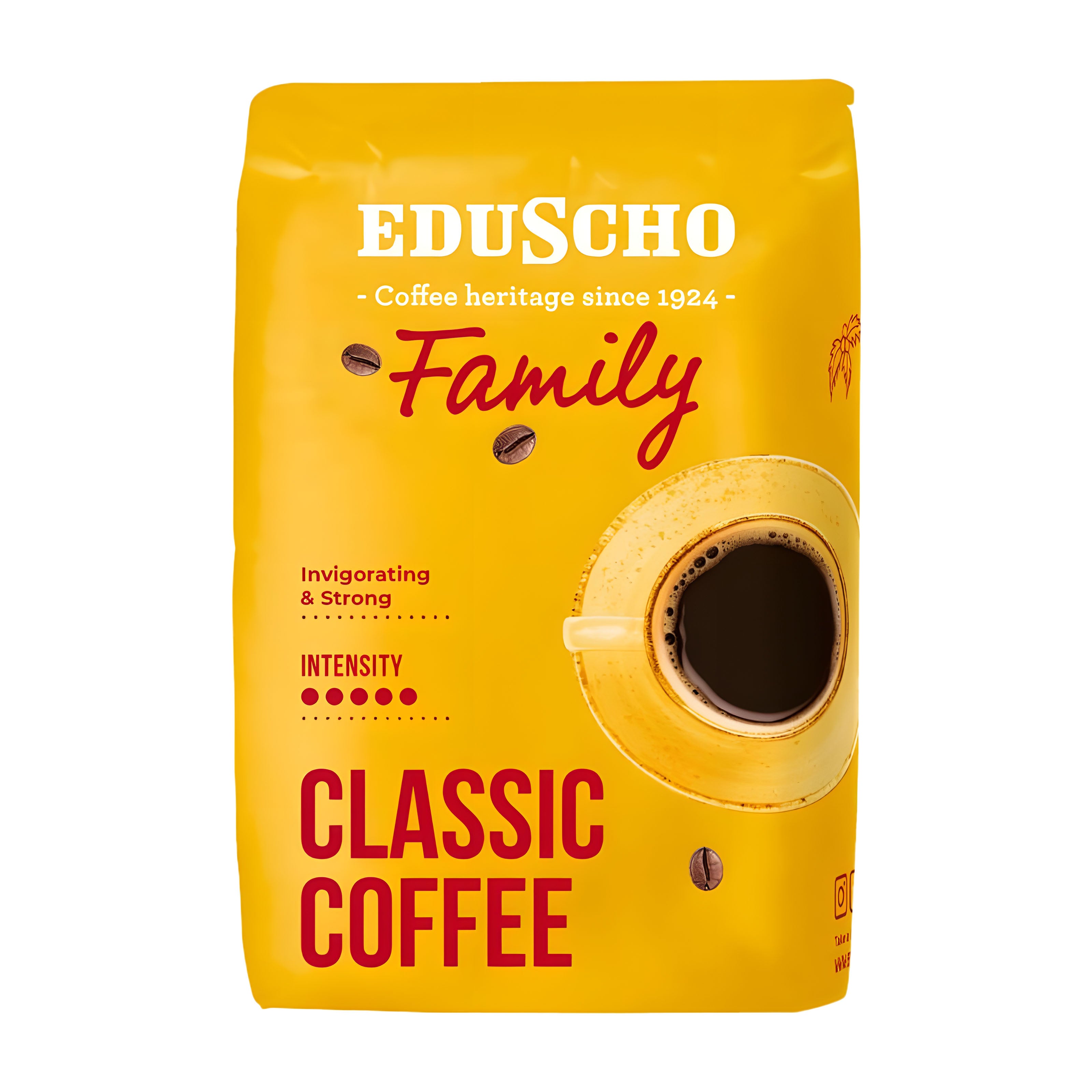 Yellow bag of Eduscho Family Coffee Beans 500 grams and coffee graphics on a white background