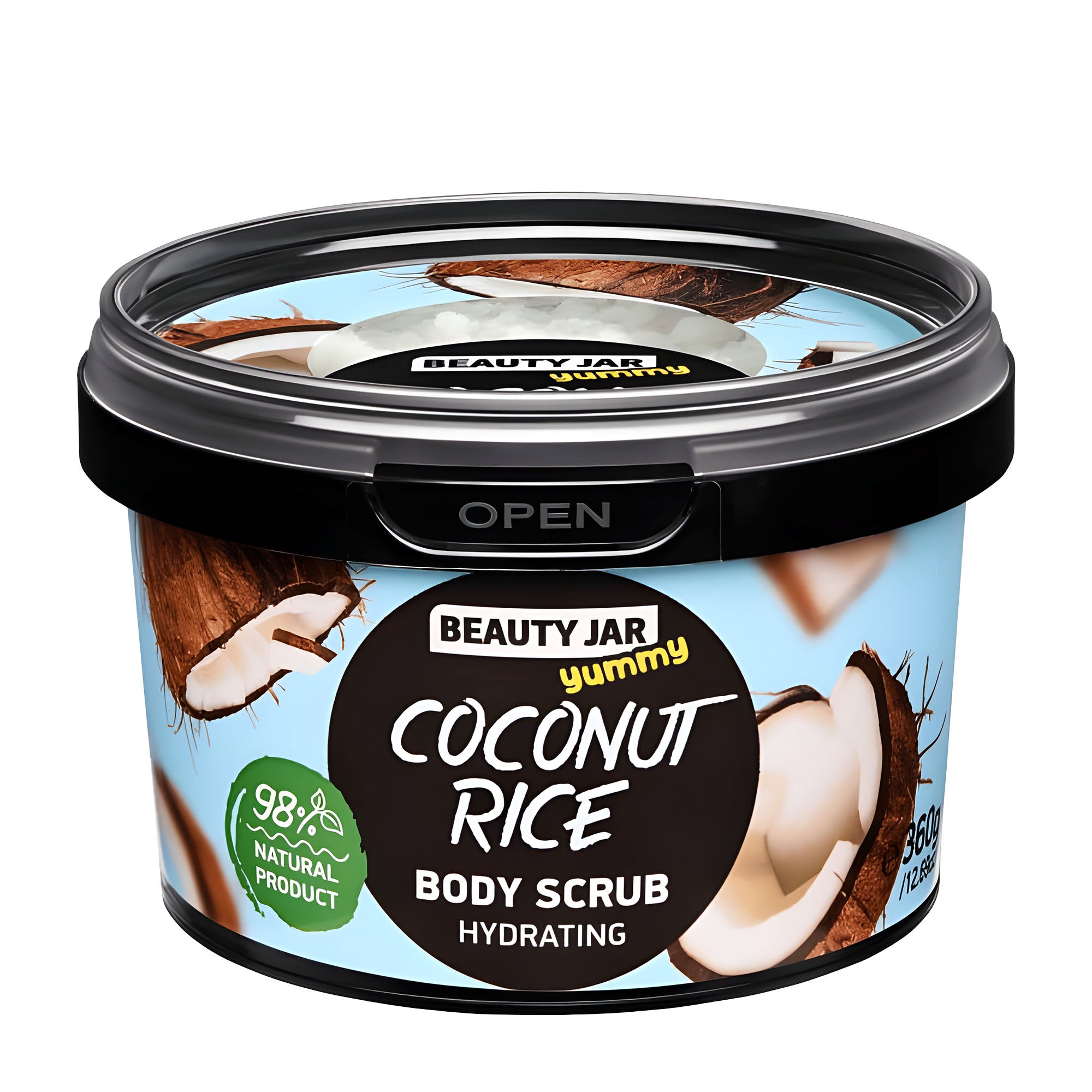 Beauty Jar Coconut Rice Hydrating Body Scrub jar on a white background.