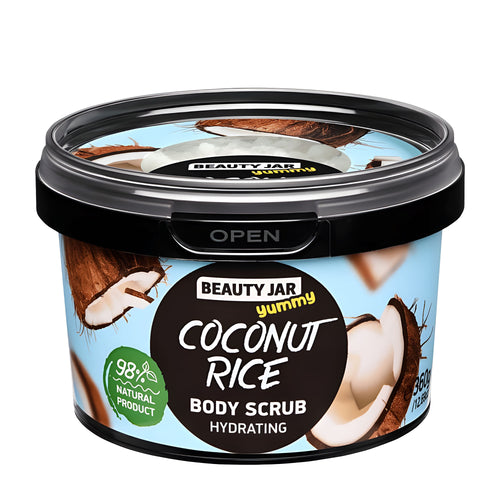 Beauty Jar Coconut Rice Hydrating Body Scrub jar on a white background.