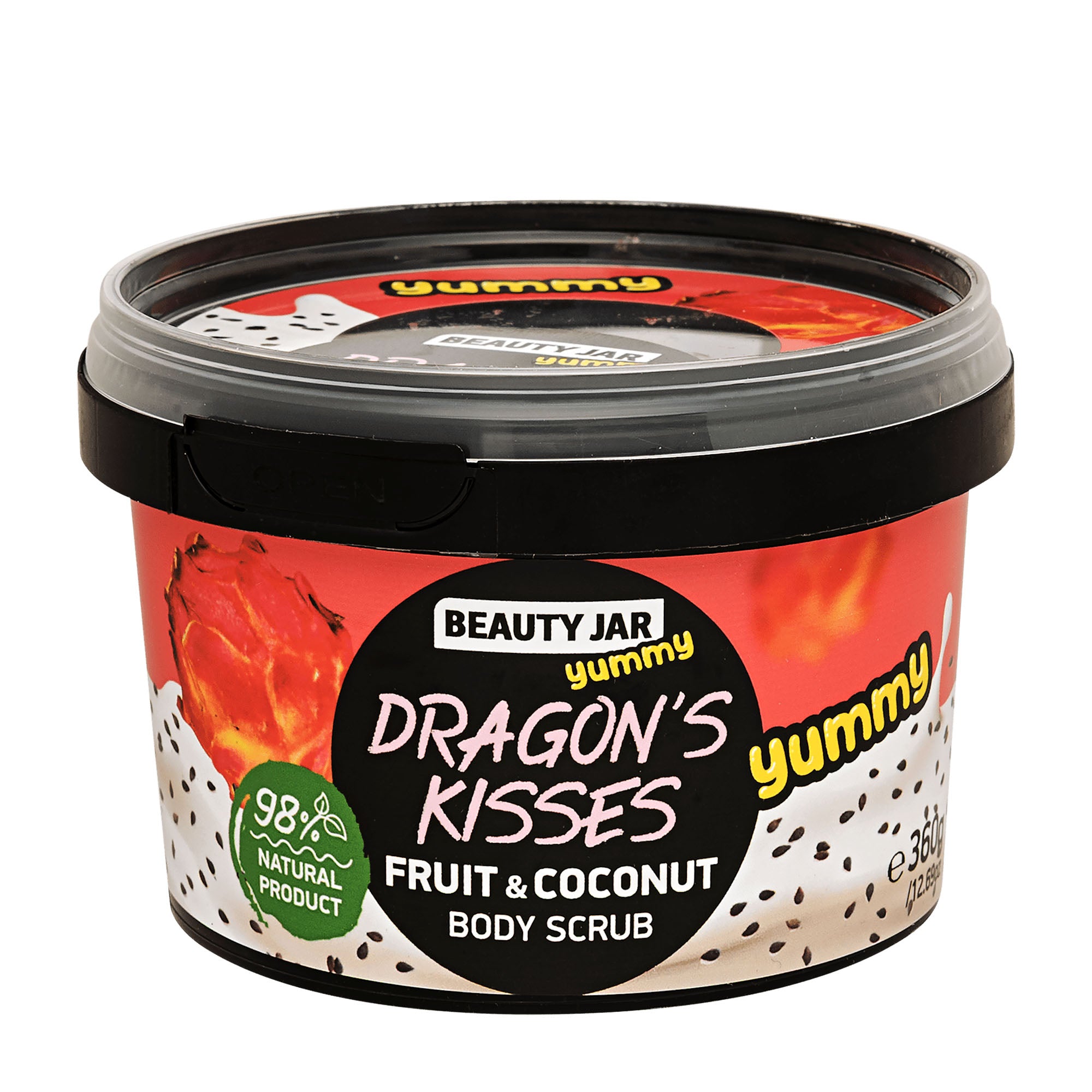 Jar of Beauty Jar Dragon's Kisses Fruit & Coconut Body Scrub on a white background.
