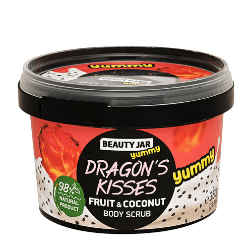 Jar of Beauty Jar Dragon's Kisses Fruit & Coconut Body Scrub on a white background.