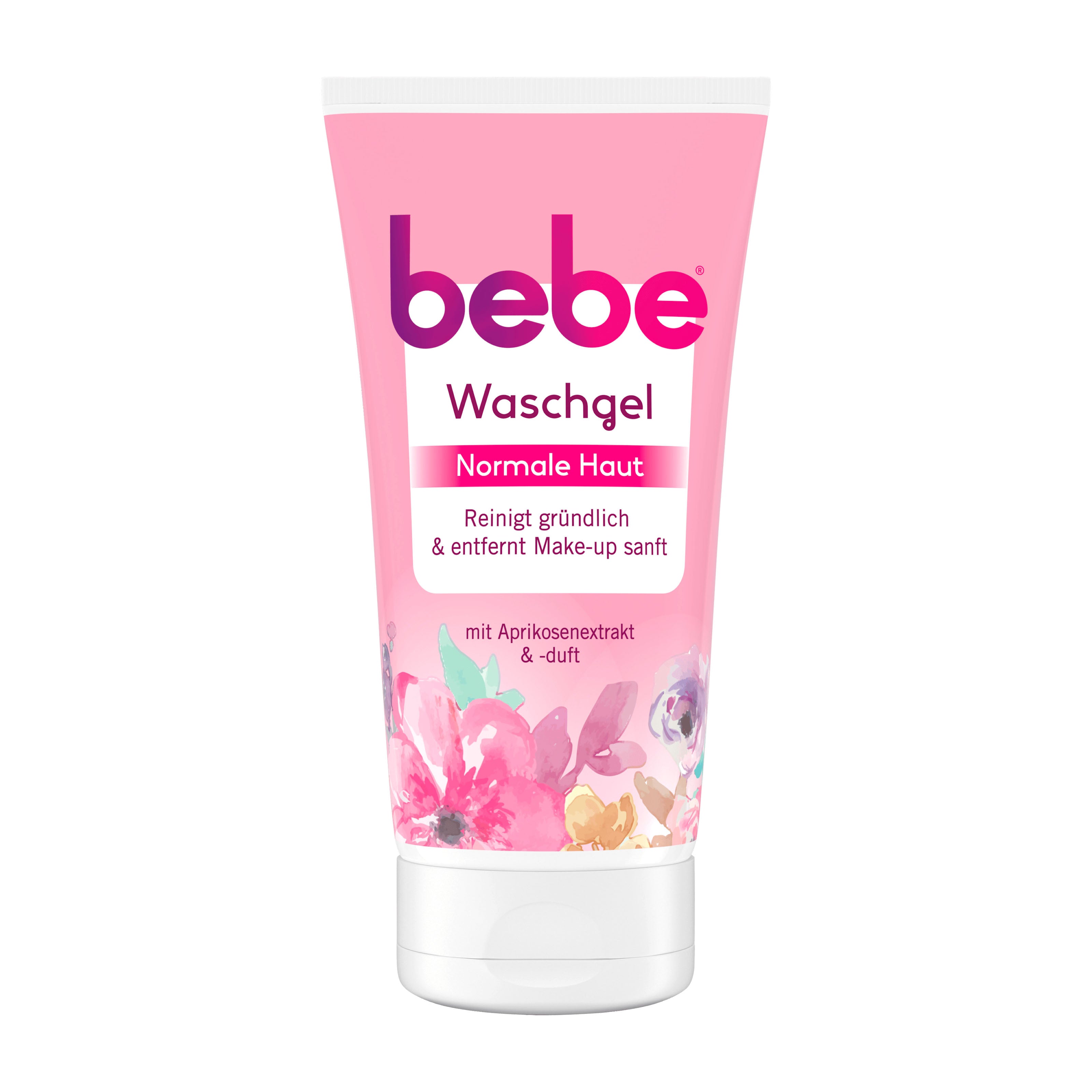 Pink tube of bebe Face Wash Gel with floral design on a white background