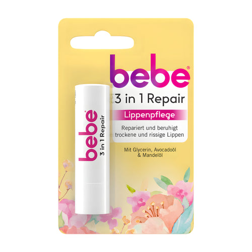 Bebe 3-in-1 repair lip balm packaging with floral design on a white background