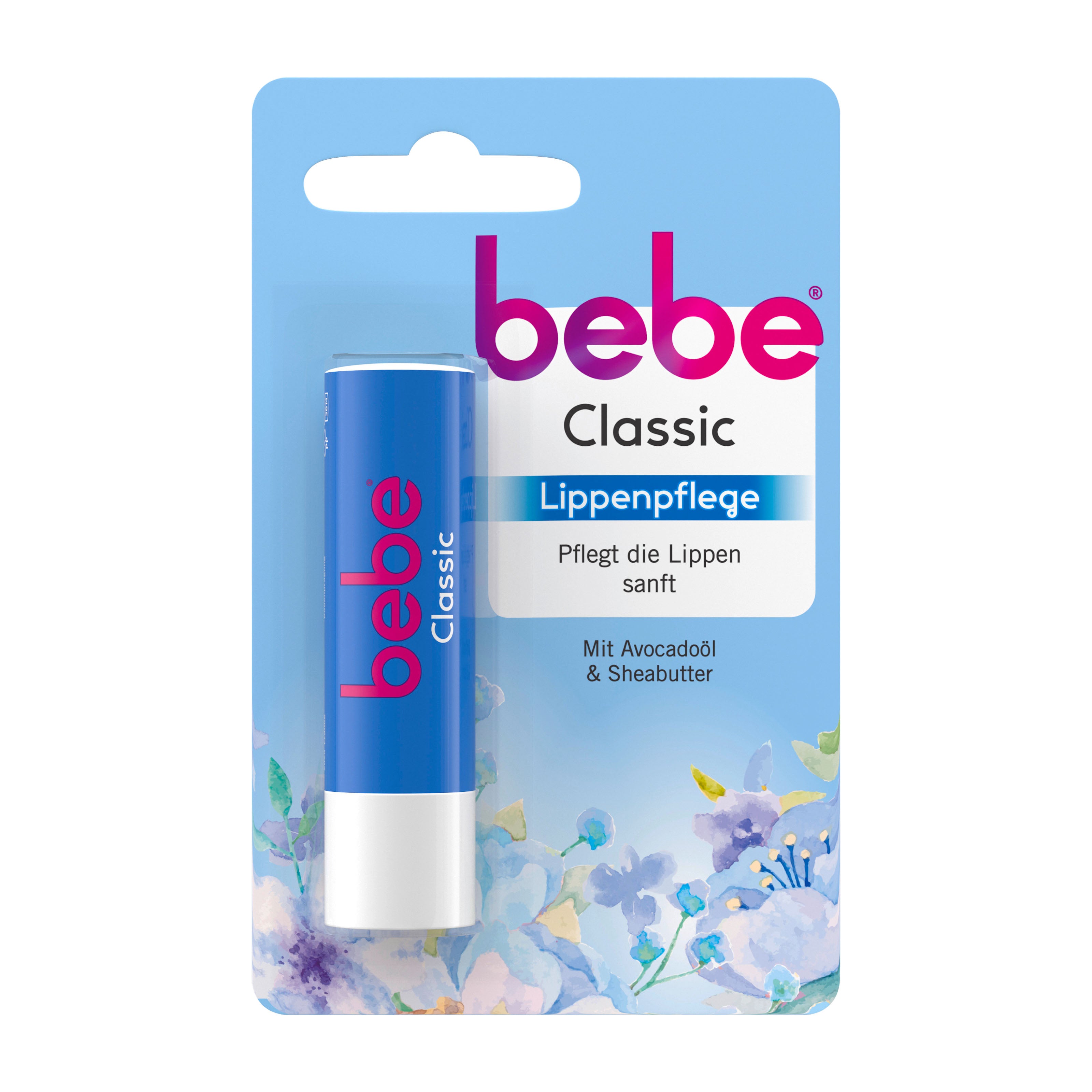 Bebe Classic lip balm packaging with blue and pink design on a white background