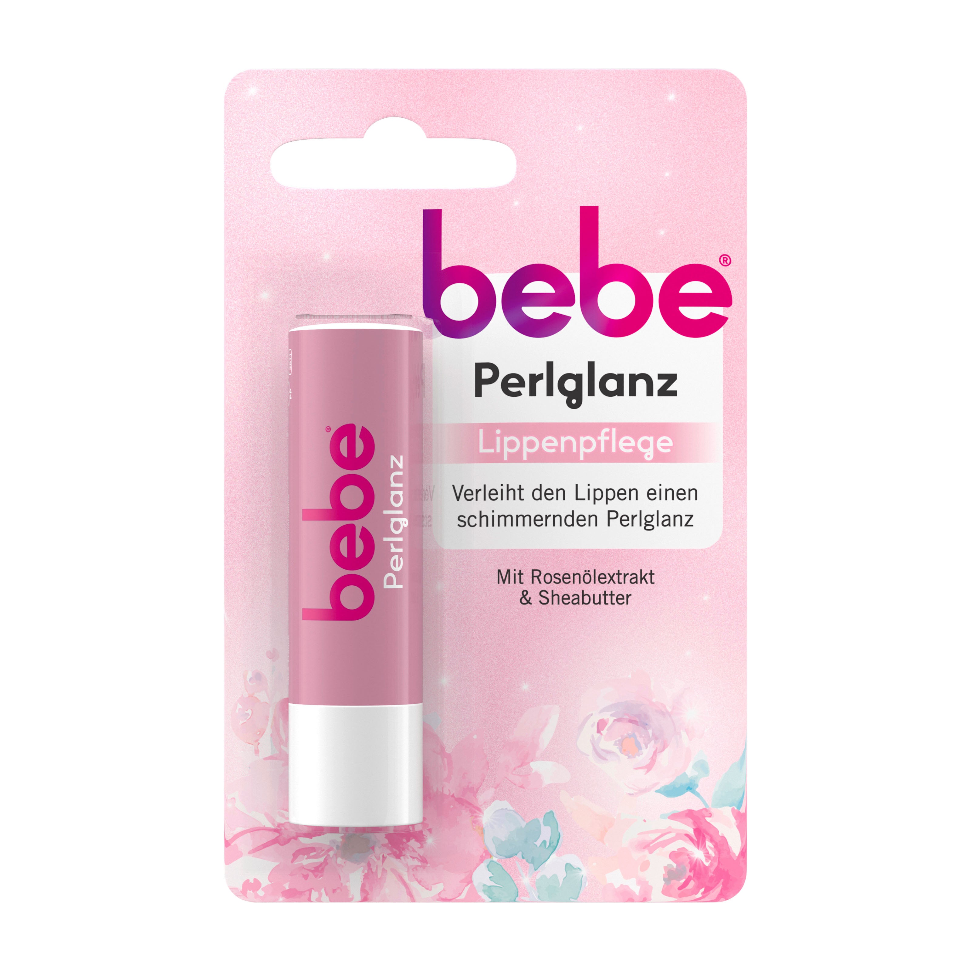 Bebe Pearl Shine lip balm packaging with pink and white design on a white background